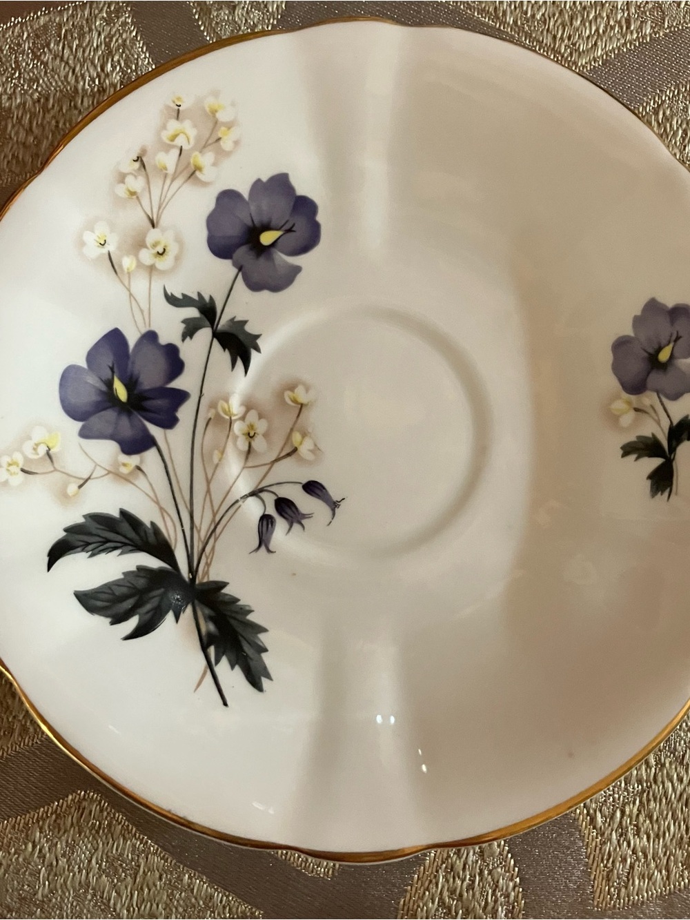 Bone China Floral Saucer in Purple and White with Gold Trim